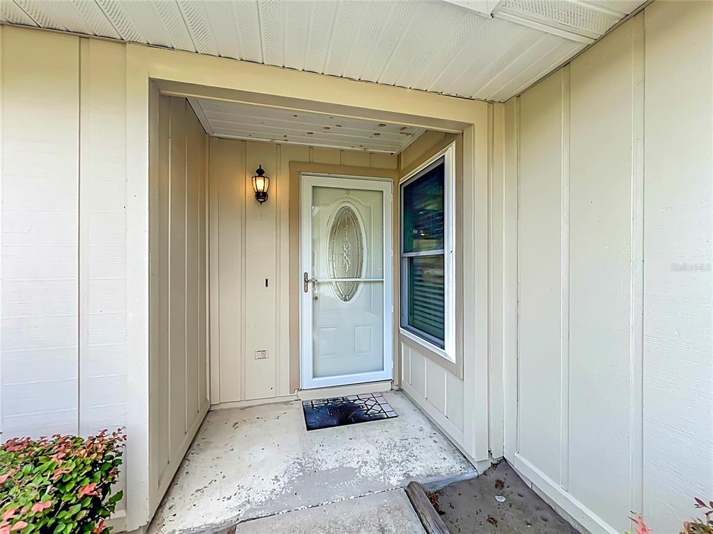 A covered entryway features light-colored vertical siding, a white storm door, and a concrete porch — 2255 CROAT STREET, MOUNT DORA, FL
