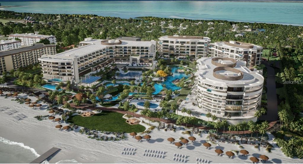 This is a rendering of a beachfront resort complex featuring multiple buildings and swimming pools — 1591 GULF OF MEXICO DRIVE UNIT 515, LONGBOAT KEY, FL