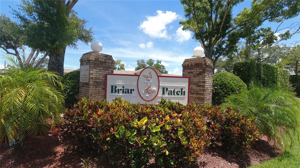 A brick entrance sign for Briar Patch features a rabbit logo and surrounding landscaping — 6421 REMUS DRIVE, NEW PORT RICHEY, FL