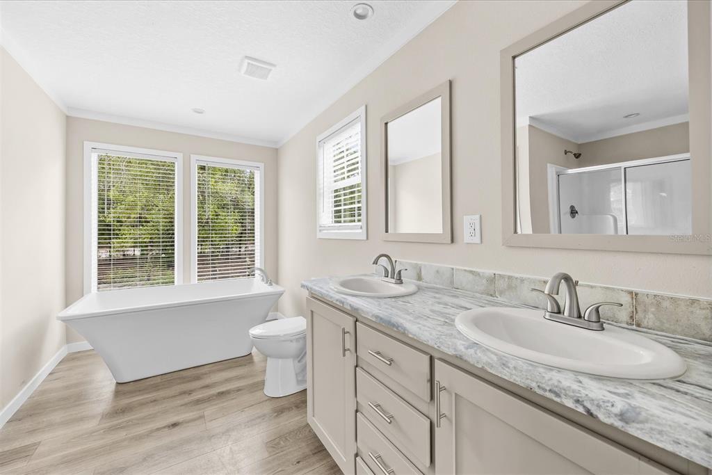 A bathroom features a freestanding tub, a double vanity with stone countertops, and wood-look flooring — 16226 NW 254TH STREET, OKEECHOBEE, FL