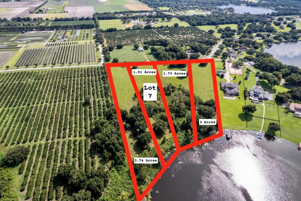 This aerial view shows a large plot of land divided into four distinct lots — 17937 COUNTY ROAD 448, MOUNT DORA, FL