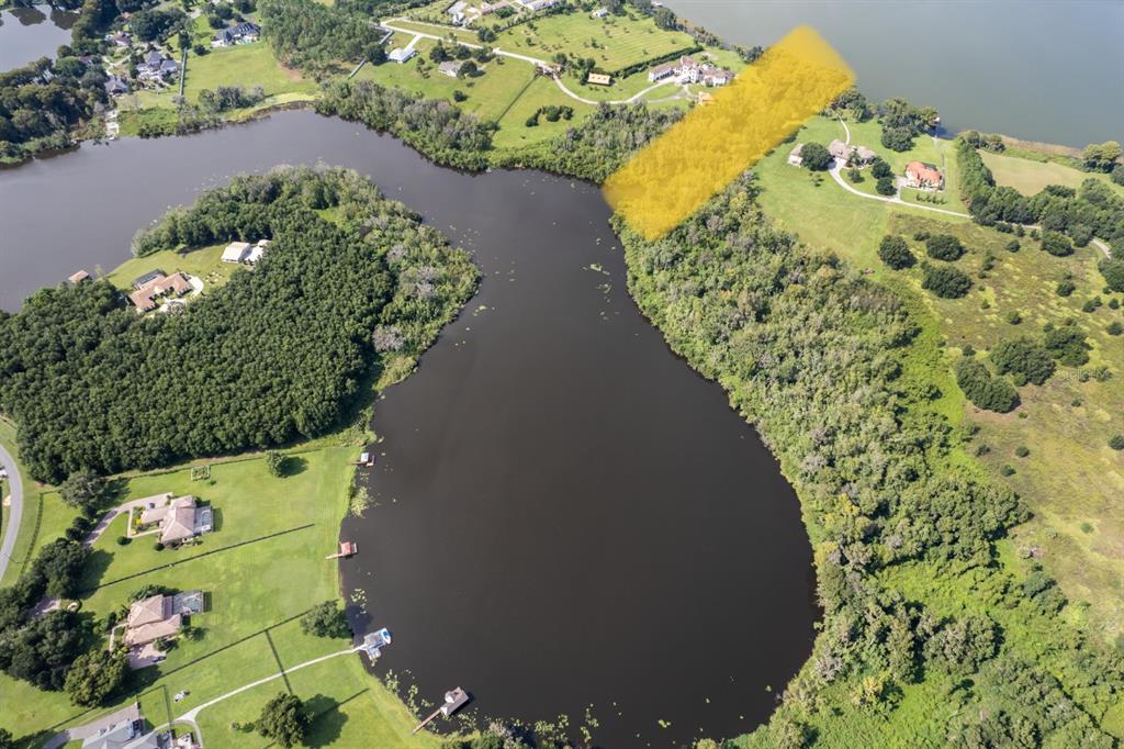 An aerial view shows a lake surrounded by trees, grassy fields, and several residential houses — 17937 COUNTY ROAD 448, MOUNT DORA, FL