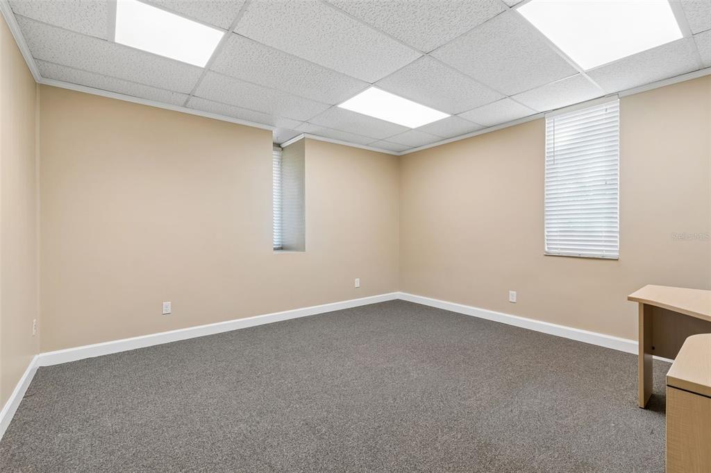 An empty office room features beige walls, gray carpet, a drop ceiling, and two windows — 1046 W BUSCH BOULEVARD UNIT 100, TAMPA, FL