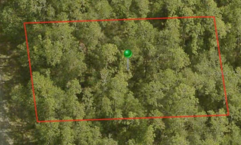 An aerial view shows a rectangular plot of land densely covered with trees and vegetation — 8759 N SAWYER TERRACE, DUNNELLON, FL