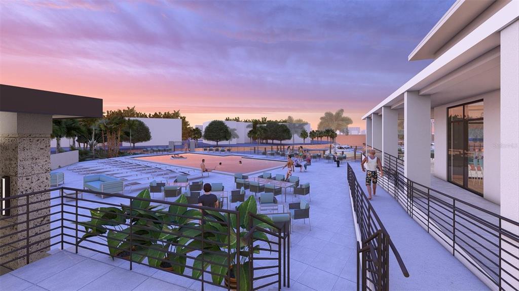This rendering shows an outdoor pool deck with lounge seating and a modern building exterior — 509 SPOONBILL WAY, SARASOTA, FL