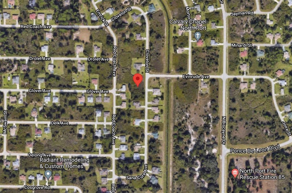 This is an aerial map view showing a residential area with a red location pin — Lot 30 CLOVELON STREET, NORTH PORT, FL