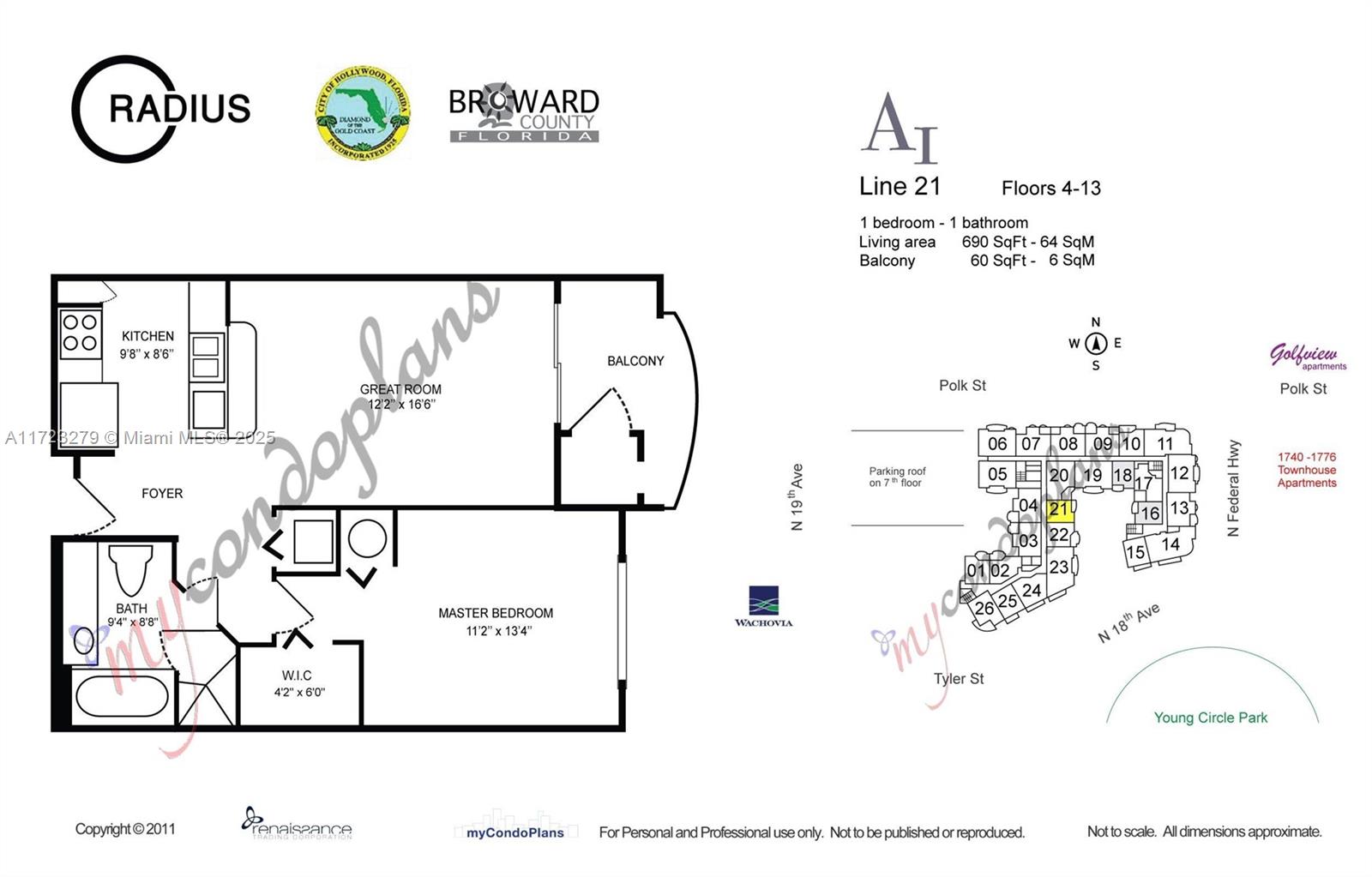This is a floor plan for a one-bedroom, one-bathroom apartment unit labeled Line 21 — 1830 Radius Dr # 421, Hollywood FL 33020, HOLLYWOOD, FL