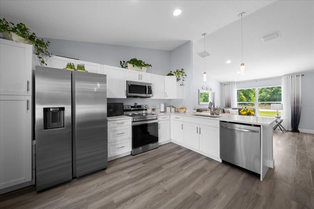 A modern kitchen features white cabinets, stainless steel appliances, and wood-look flooring — 13789 SW 102ND PLACE, DUNNELLON, FL