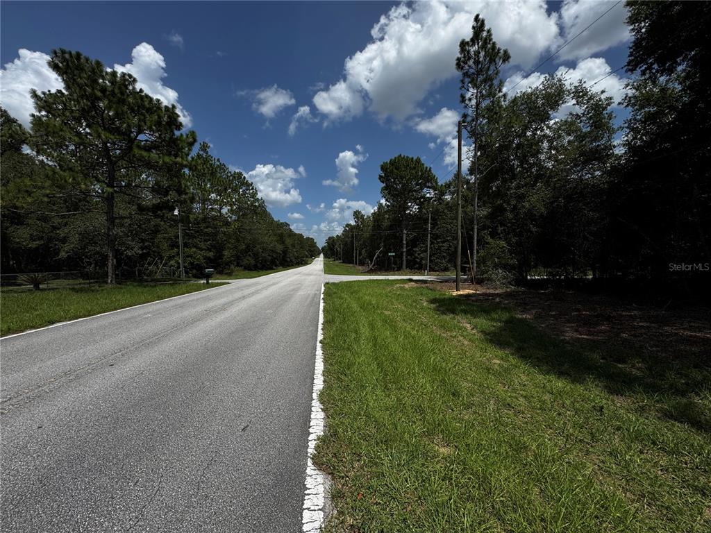 A paved road stretches into the distance between wooded areas under a blue sky — SW 54TH STREET, DUNNELLON, FL