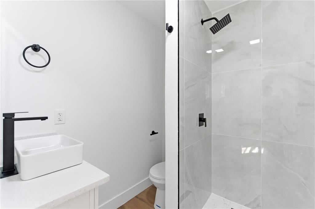 A bathroom features a white vessel sink, black fixtures, and a glass-enclosed tiled shower — 10945 N BOULEVARD, TAMPA, FL