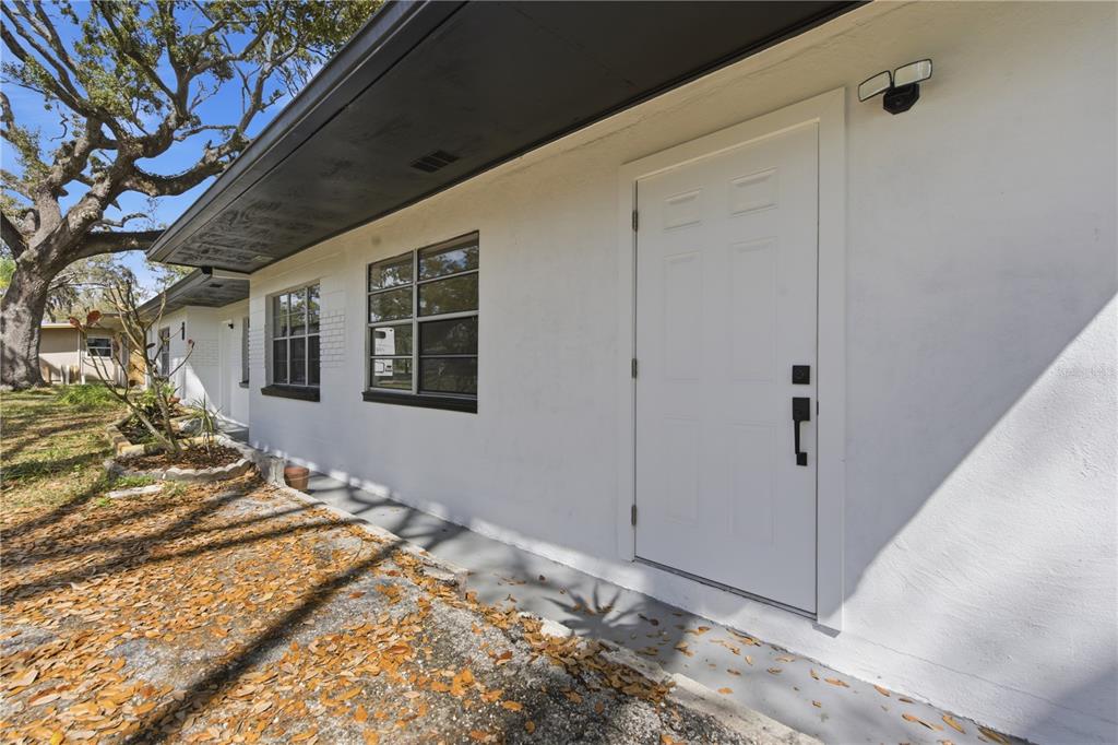 The exterior of a white house features a front door, two windows, and a tree — 10945 N BOULEVARD, TAMPA, FL