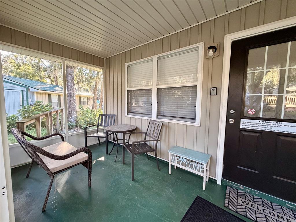 A screened-in porch features a green floor, outdoor seating, and a dark front door — 14010 NE 250TH CIRCLE, SALT SPRINGS, FL