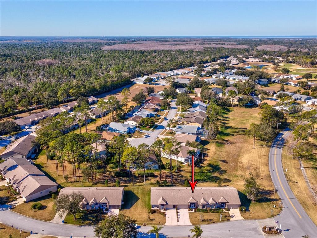 An aerial view shows a residential neighborhood with a red arrow pointing to a townhouse — 11625 BARONWOOD COURT, HUDSON, FL