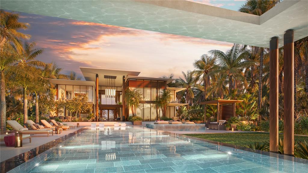 This architectural rendering shows a modern luxury home with a large pool and palm trees — 600 AMANE ESTATES, COCO BEACH BLVD UNIT 7, RIO GRANDE, PR