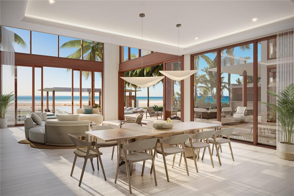 This rendering shows a modern open-concept dining and living area with floor-to-ceiling ocean views — 600 AMANE ESTATES, COCO BEACH BLVD UNIT 7, RIO GRANDE, PR