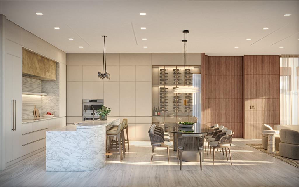 This rendering shows a modern kitchen and dining area with marble surfaces and wood paneling — 600 AMANE ESTATES, COCO BEACH BLVD UNIT 7, RIO GRANDE, PR