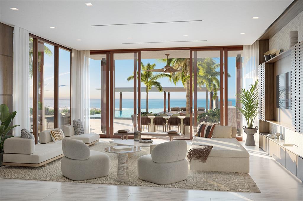 This is a rendering of a modern living room with floor-to-ceiling windows overlooking the ocean — 600 AMANE ESTATES, COCO BEACH BLVD UNIT 7, RIO GRANDE, PR