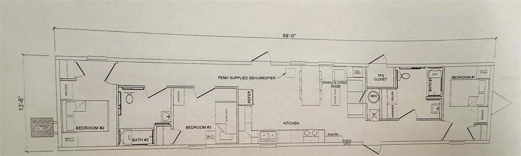 This floor plan shows a three-bedroom, two-bathroom mobile home measuring 68 feet by 13.5 feet — 5642 MEADOW GLEN ROAD, LAKELAND, FL