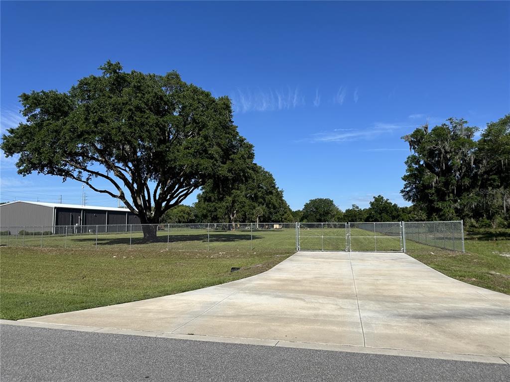 A concrete driveway leads to a fenced, grassy lot with a large tree and building — 980 DUCK BOX ROAD, UMATILLA, FL