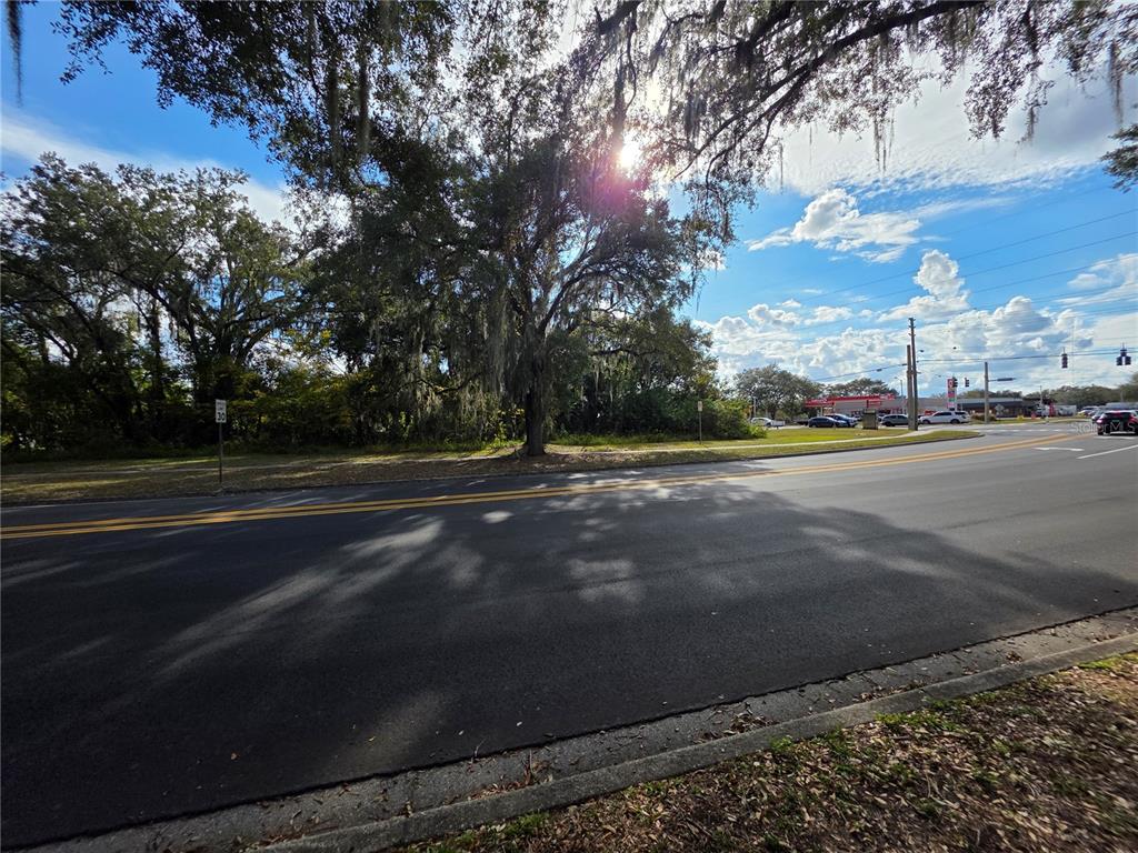 A paved road curves past a wooded lot with large trees under a sunny sky — 0 MICHIGAN AVENUE, KISSIMMEE, FL