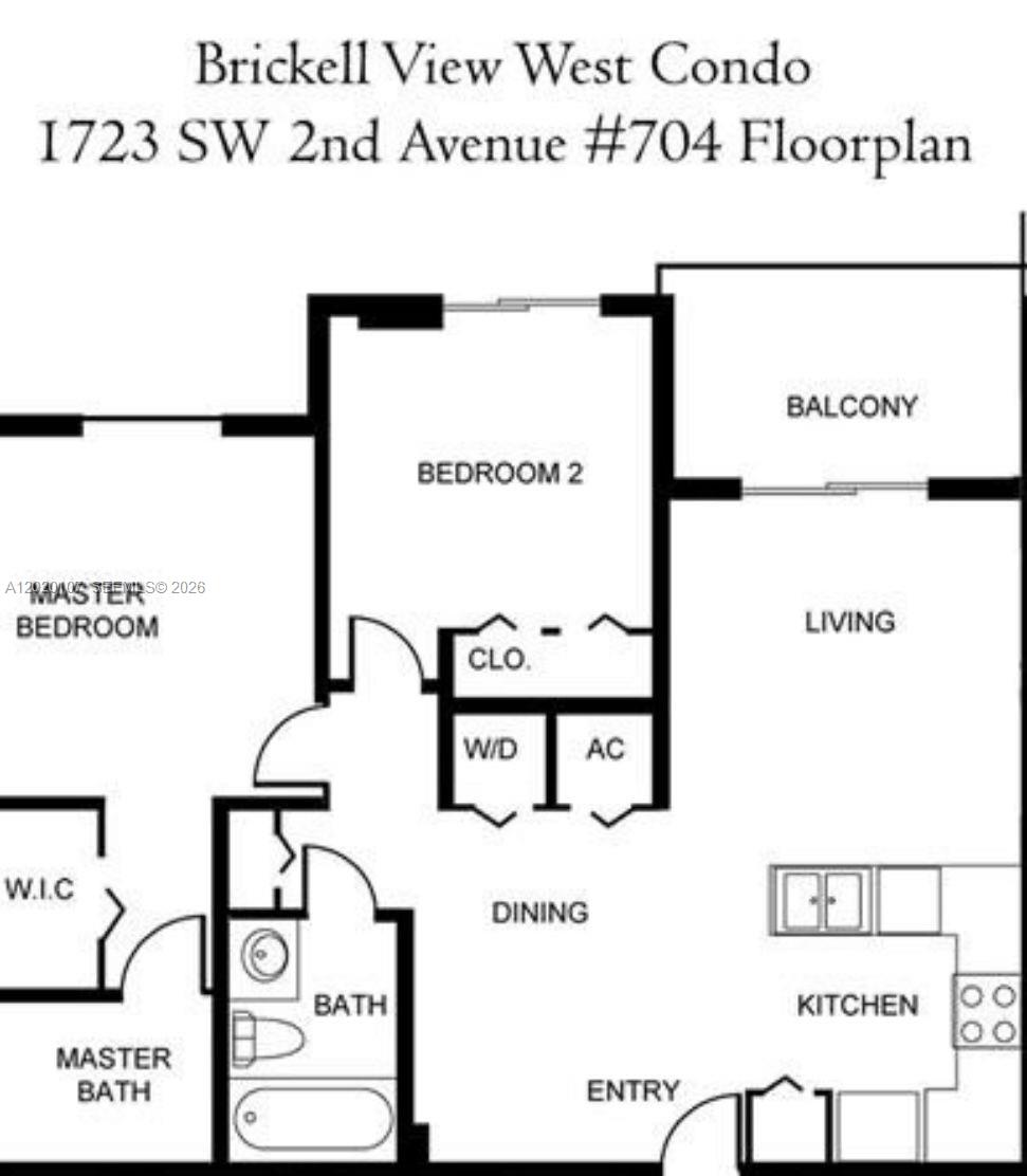 This is a floor plan for a two-bedroom, two-bathroom condo with a balcony — 1723 SW 2nd Ave # 704, Miami FL 33129, MIAMI, FL