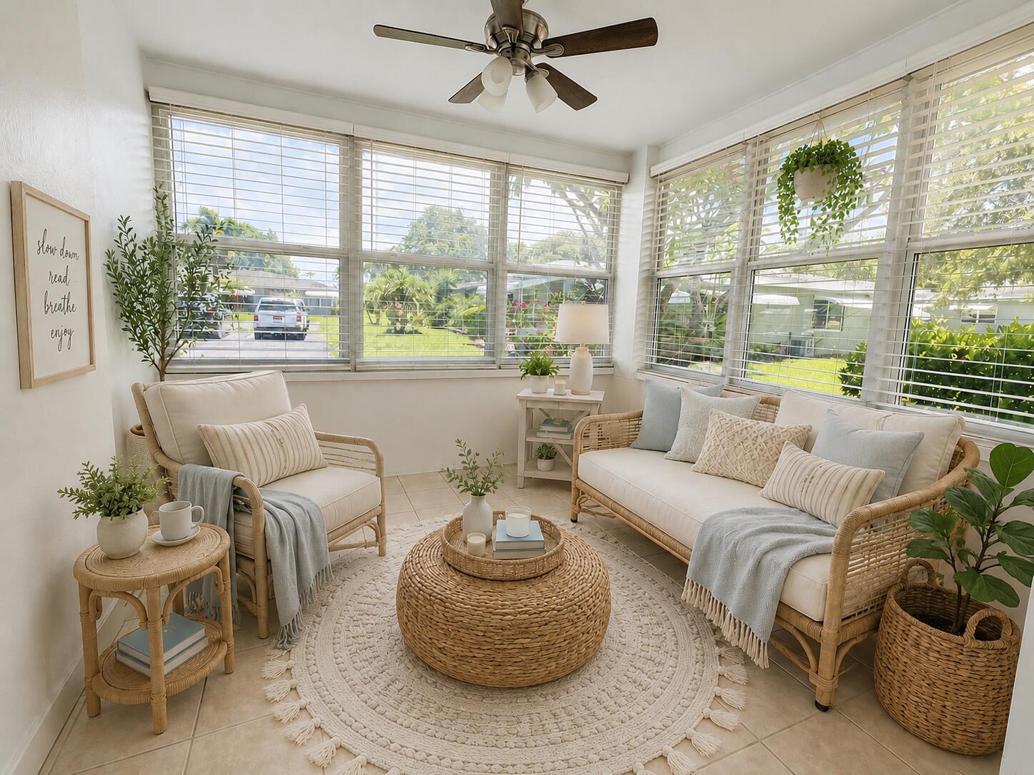 A sunroom features wicker furniture, a round rug, and large windows with white blinds — 912 South Drive # A, Delray Beach FL 33445, DELRAY BEACH, FL