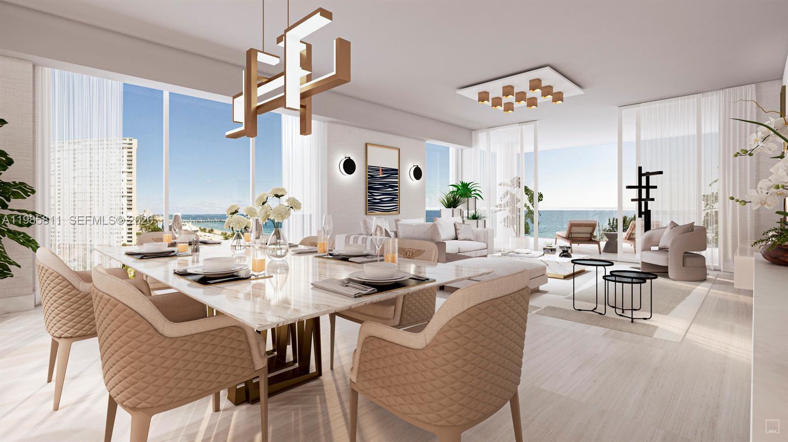 This rendering shows a modern dining and living area with ocean views and marble tables — 305 Briny Ave # 405, Pompano Beach FL 33062, POMPANO BEACH, FL