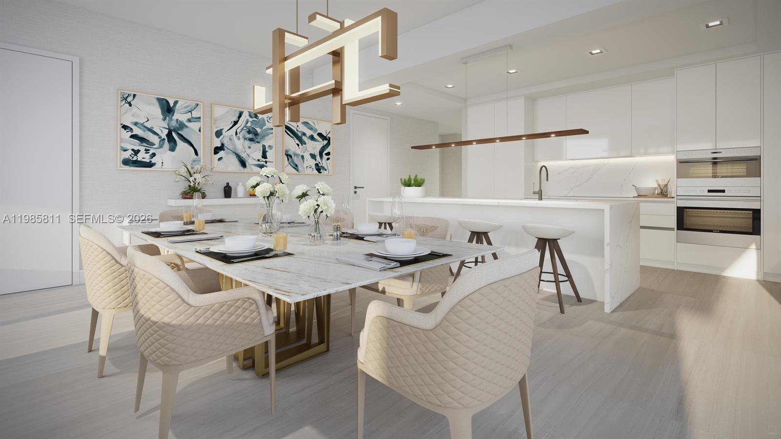This rendering shows a modern dining area and kitchen with marble surfaces and gold accents — 305 Briny Ave # 405, Pompano Beach FL 33062, POMPANO BEACH, FL