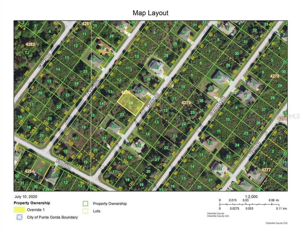 This is a map layout showing property ownership boundaries and lot lines for a residential area — 9219 KOMA STREET, PORT CHARLOTTE, FL