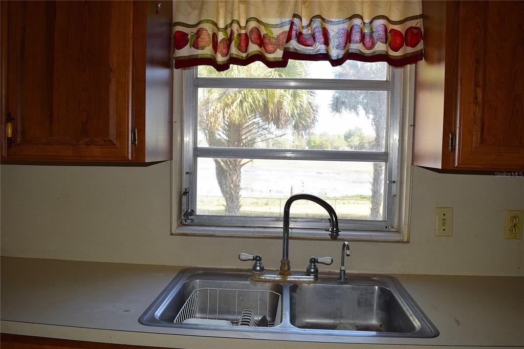 A kitchen sink sits beneath a window with an apple-patterned valance and outdoor palm trees — 2535 BOSWELL STREET, DELTONA, FL