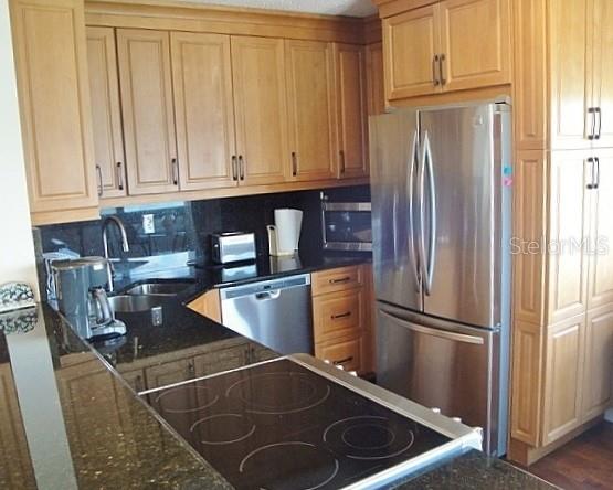 A kitchen features light wood cabinets, black granite countertops, and stainless steel appliances — 5729 PUERTA DEL SOL BOULEVARD S UNIT 485, ST PETERSBURG, FL