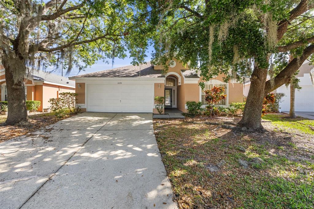 A single-story house with a white garage door and a concrete driveway under large trees — 3145 STONEHURST CIRCLE, KISSIMMEE, FL