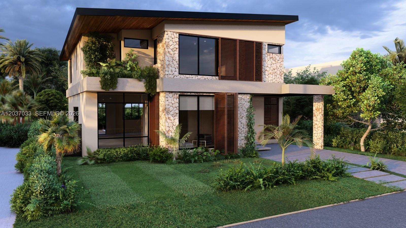A digital rendering of a two-story modern home with stone accents and wooden shutters — 765 NE 70TH ST, Miami FL 33138, MIAMI, FL