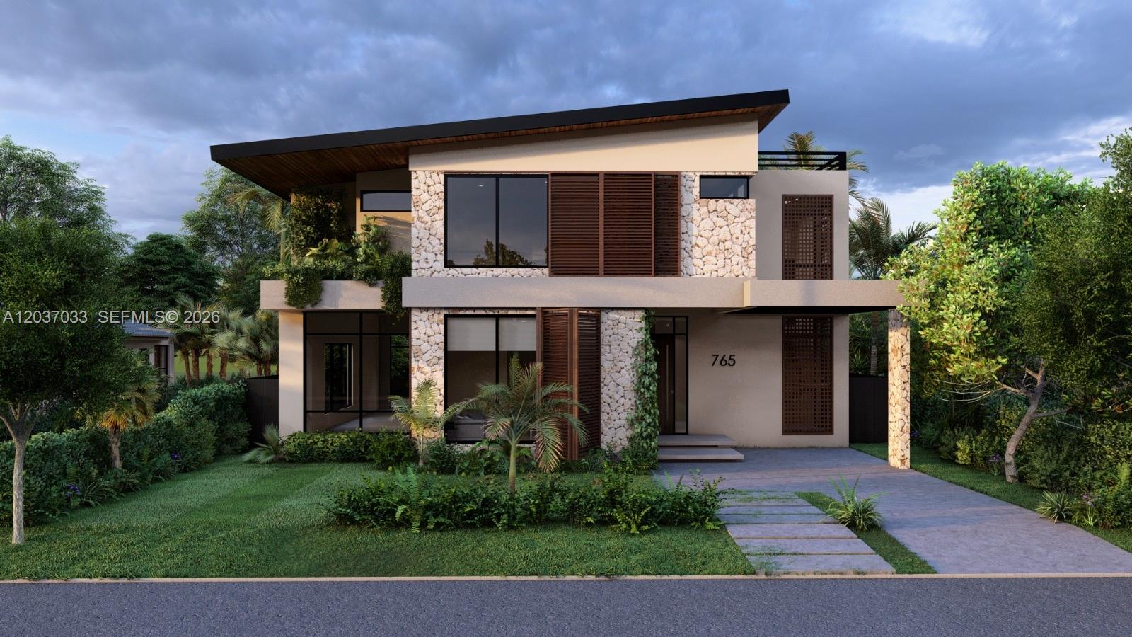 A rendering of a modern two-story house featuring stone accents, wood louvers, and a slanted roof — 765 NE 70TH ST, Miami FL 33138, MIAMI, FL