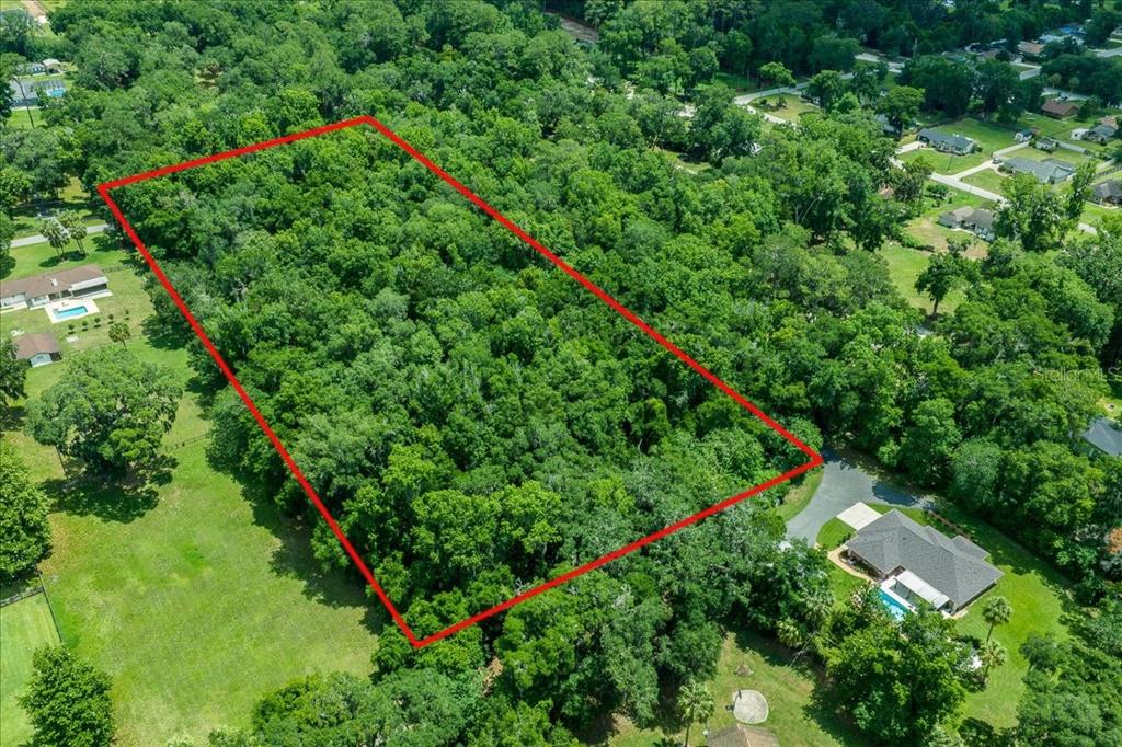 An aerial view shows a rectangular, tree-covered plot of land outlined in red — 3334 SE 45TH ST, OCALA, FL