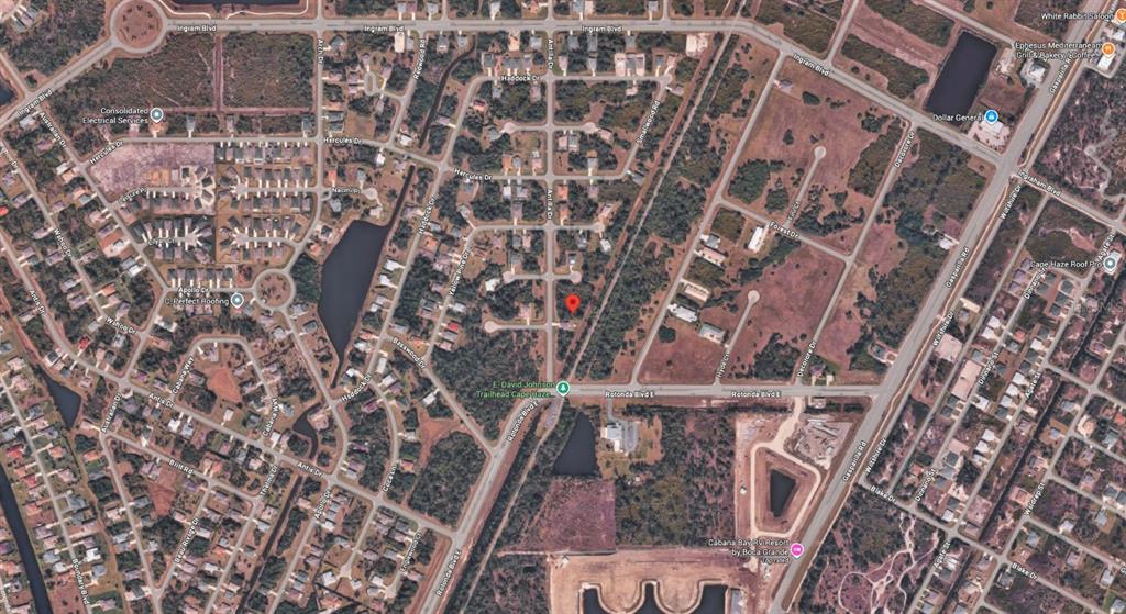 This is an aerial map view of a residential neighborhood in Rotonda West, Florida — 107 ANTILLA DRIVE, ROTONDA WEST, FL