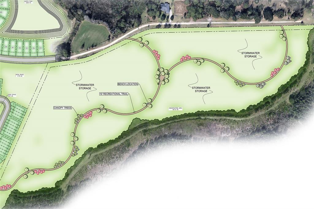This site plan rendering shows a proposed recreational trail, stormwater storage areas, and conservation land — 2158 TOWN PASTURE DRIVE, EUSTIS, FL