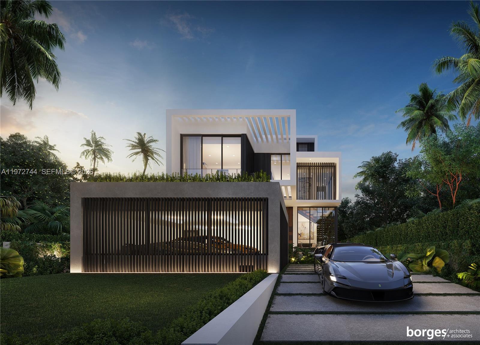 This architectural rendering shows a modern two-story house with a slatted garage and sports car — 253 N Coconut Ln, Miami Beach FL 33139, MIAMI BEACH, FL