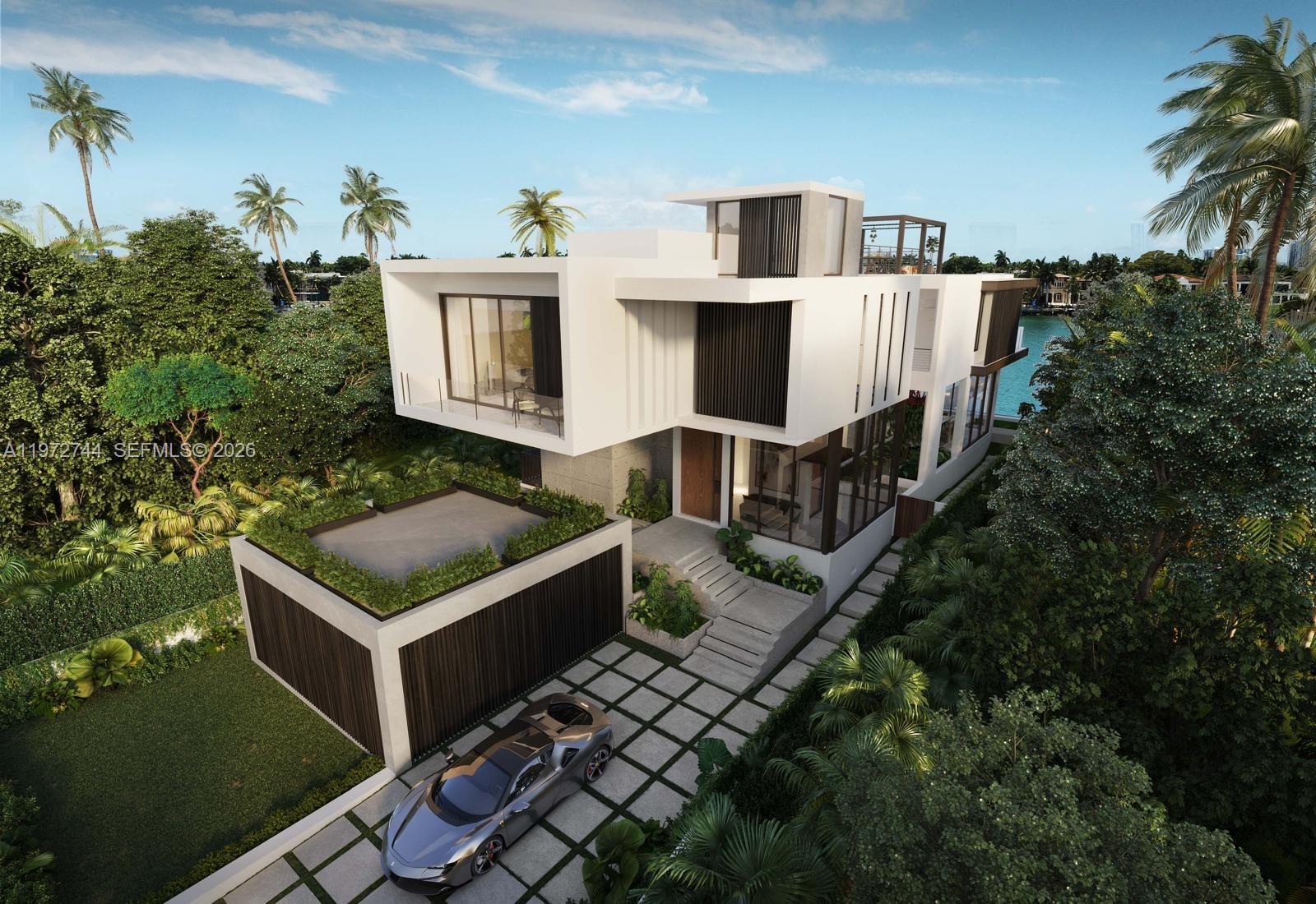 This is a rendering of a modern two-story waterfront home with a flat roof — 253 N Coconut Ln, Miami Beach FL 33139, MIAMI BEACH, FL
