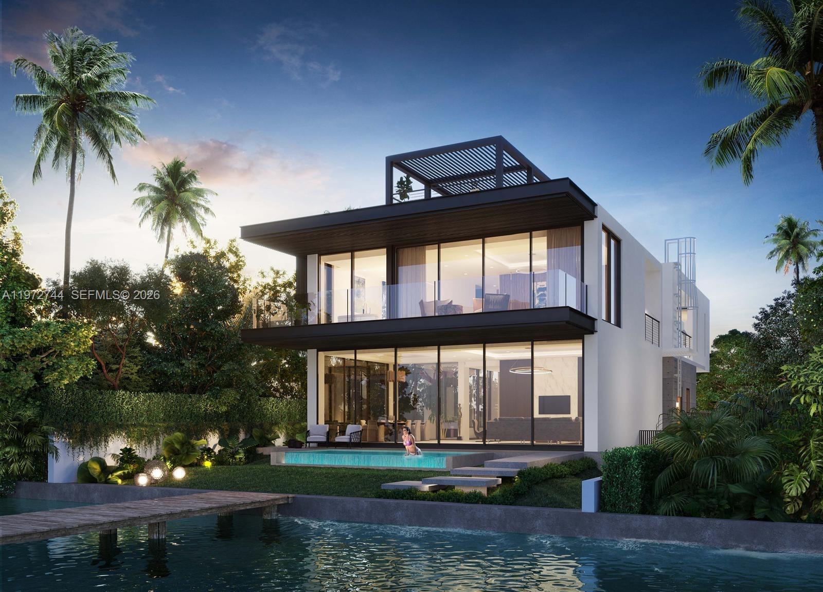 This architectural rendering shows a modern two-story waterfront home with a pool and deck — 253 N Coconut Ln, Miami Beach FL 33139, MIAMI BEACH, FL
