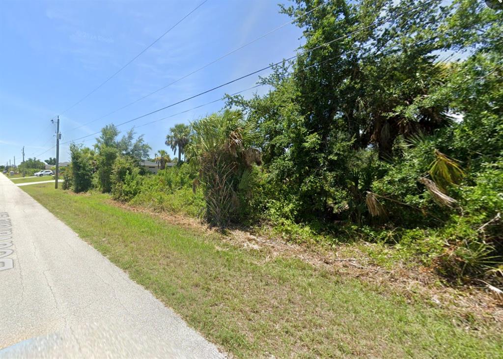 A vacant, overgrown lot with trees and shrubs sits along a paved residential street — 13331 BOUVARDIA LANE, PORT CHARLOTTE, FL