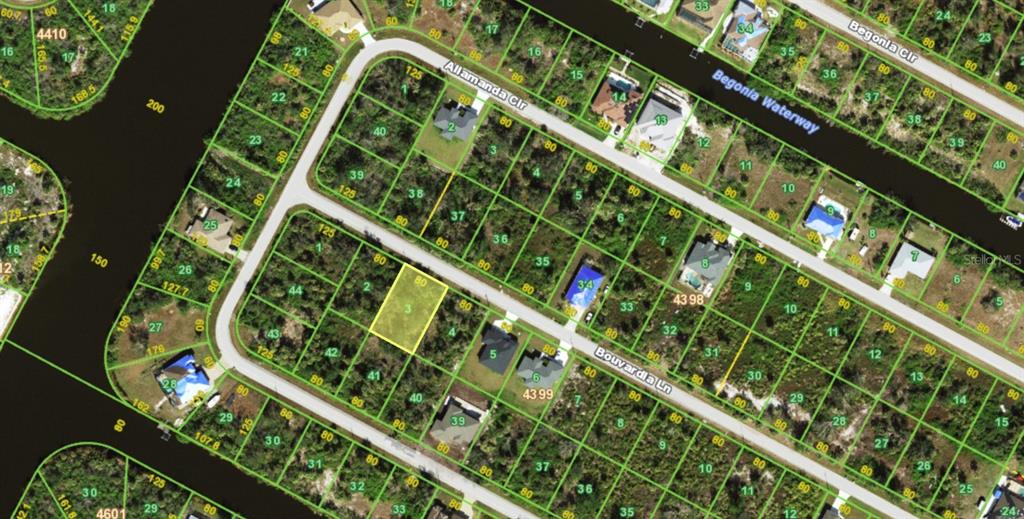 This is an aerial map showing residential lots along Allamanda Circle and Bouvardia Lane — 13331 BOUVARDIA LANE, PORT CHARLOTTE, FL