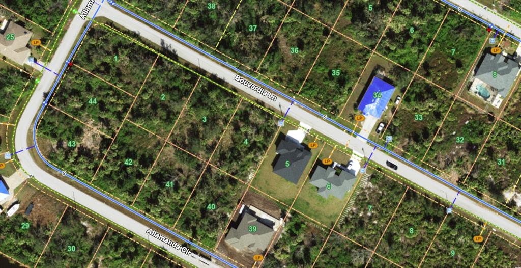This is a satellite map view showing residential lots and houses along Bouvardia Lane and Allamanda Circle — 13331 BOUVARDIA LANE, PORT CHARLOTTE, FL