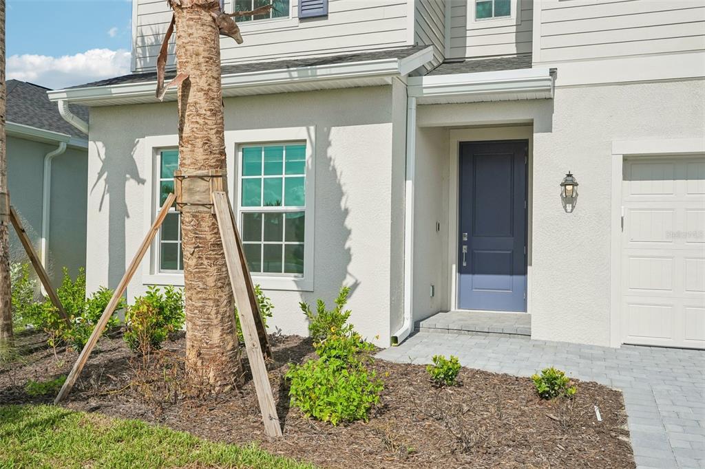 The exterior of a house features a blue front door, white siding, and a palm tree — 13296 GRASSMERE COURT, PUNTA GORDA, FL