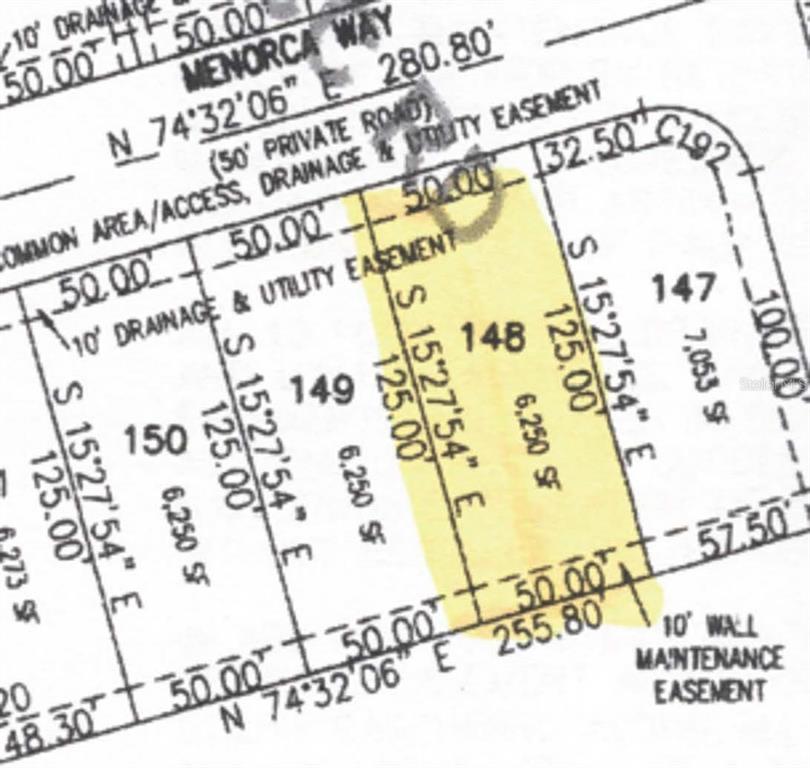 This is a plat map showing the dimensions and easements for residential lots 147 through 150 — 4 MENORCA WAY, PALM COAST, FL
