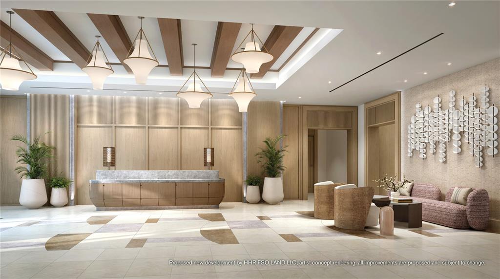 This architectural rendering shows a modern hotel lobby with a reception desk and seating area — 10160 AUTUMN MIST LANE UNIT 601, GOLDEN OAK, FL
