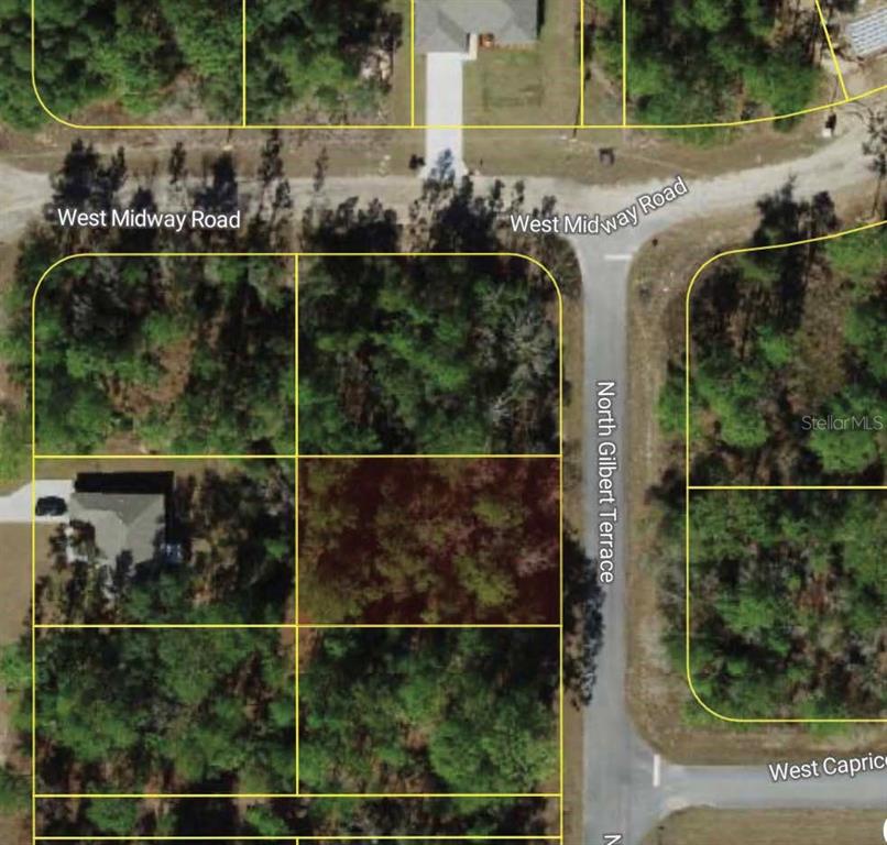This is an aerial map view of a vacant, wooded residential lot — 9164 N GILBERT TERRACE, DUNNELLON, FL