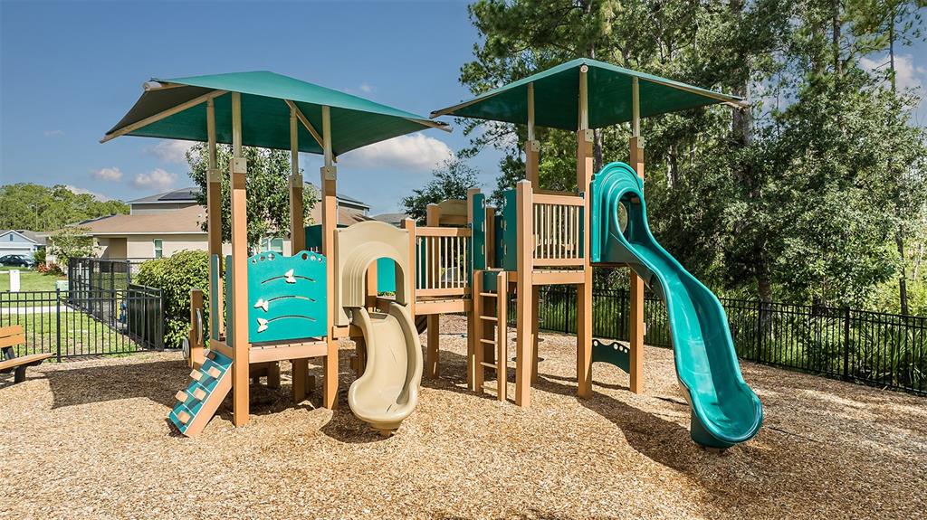 A playground with two slides and green canopy roofs sits on a wood-chipped surface — 1441 SAWGRASS HAMMOCK LANE, DAVENPORT, FL