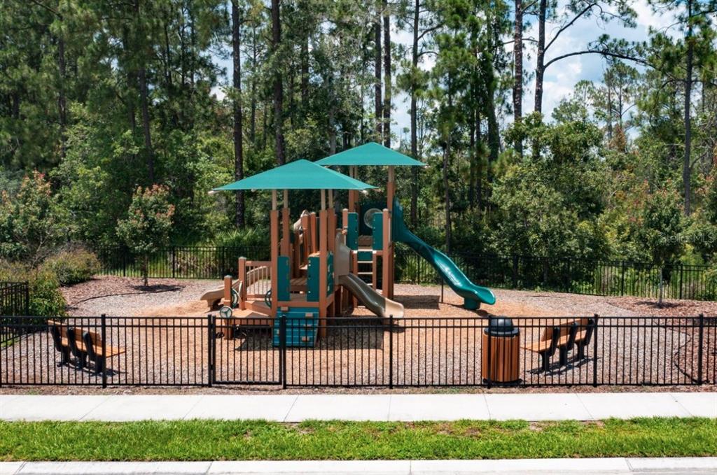 A fenced playground with a multi-level climbing structure and slides sits in a wooded area — 1441 SAWGRASS HAMMOCK LANE, DAVENPORT, FL