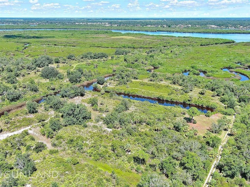 An aerial view shows a winding waterway cutting through a dense, green, undeveloped landscape — 1353 WALLAROO COURT, PUNTA GORDA, FL